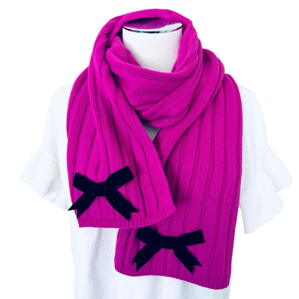NEW KATE SPADE Bow Knit Scarf Beanie Set Pink/ Purple with Black Velvet Bows OS